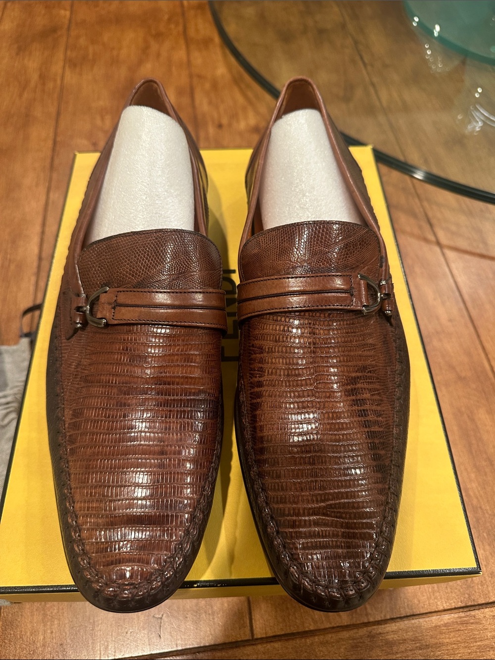 Mezlan Brown Lizard-Embossed Leather Bit Loafers